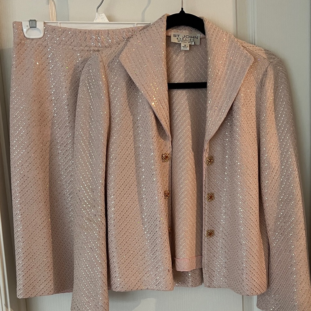 St. John Pale Pink Sparkle Tweed Blazer and Skirt Set